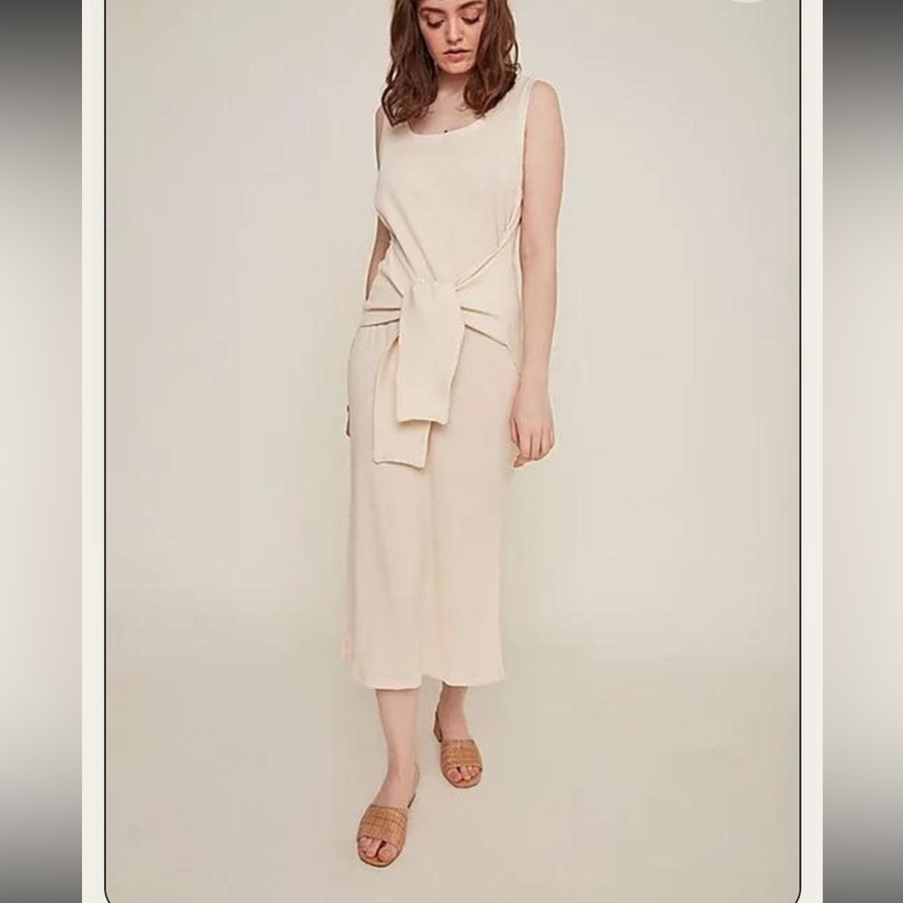 Rita Row Women’s Small Gabriela Ribbed Tie Belt Midi Dress Cream Minimalist — image 2 of 8